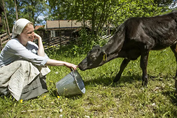 En kalv snuser på hånden til landbrukstunverten