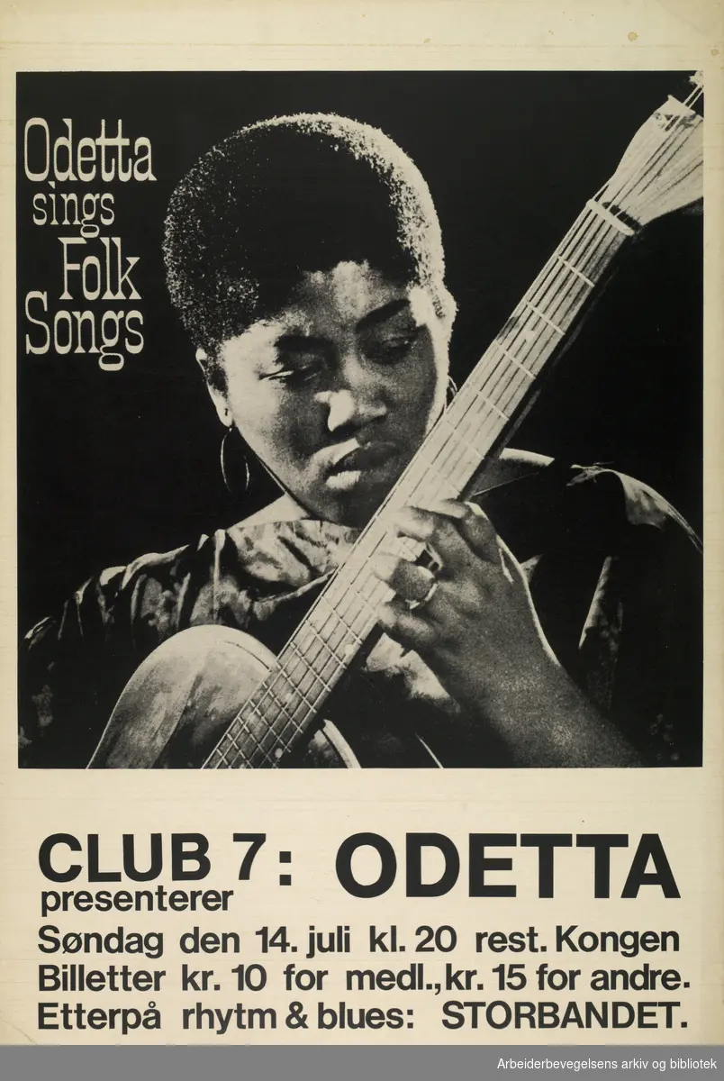Club 7. Odetta (Odetta Holmes) - sings folk songs. Restaurant Kongen. Søndag 14. Juli 1968.
