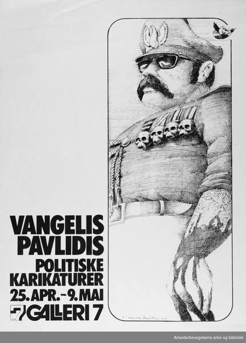 Club 7. Galleri 7. Vangelis Pavlidis. Politiske karikaturer. April - Mai 1975. Grafisk design: Torstein Nybø