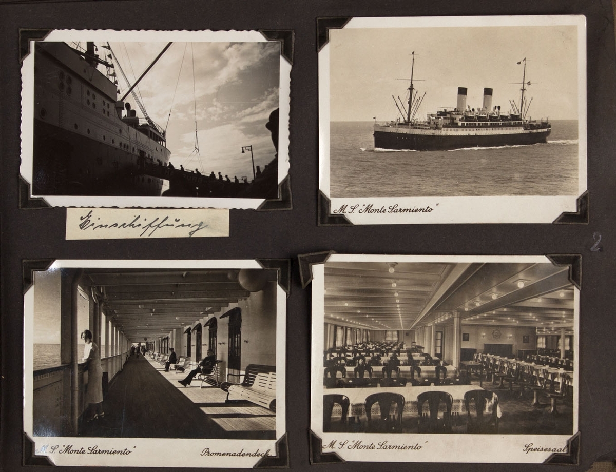 Albumside med fire foto: Passasjerer som går om bord i Hamburg, skipet i fart, interiør og dekk.