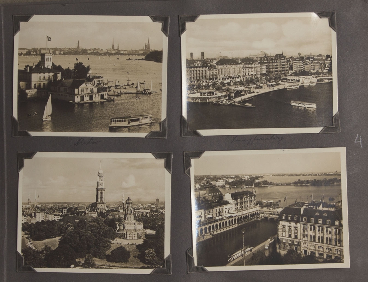 Albumside med fire foto fra Hamburg, havnen og Alster.