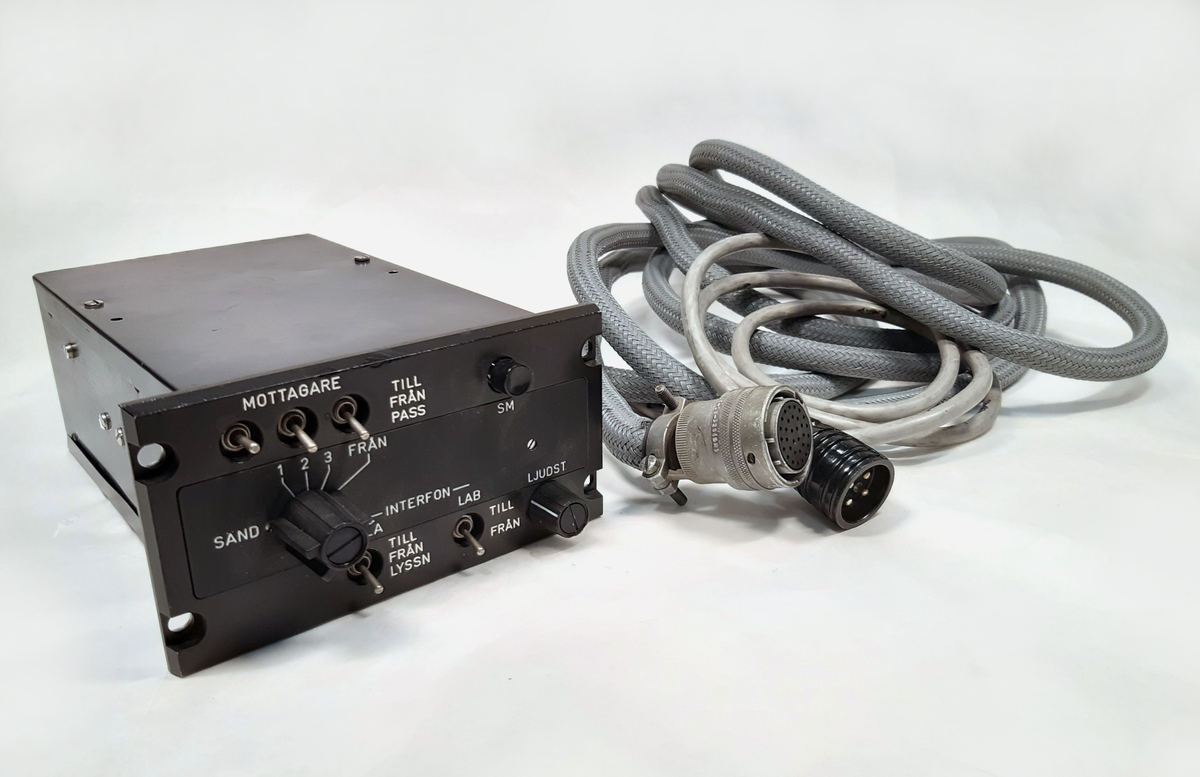 Manöverpanel för interfon. Bestående av en svart låda med två längre kablar. Vid sidan etikettmärkt: "H-app TP-79 S", "Nr. 1".
Medföljer spännband i brunt läder.
