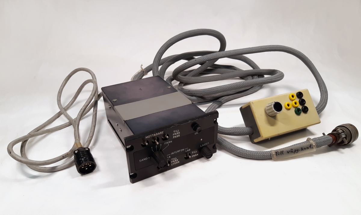 Manöverpanel för interfon. Bestående av en svart låda med två kablar, varav den ena kabeln är sammansatt med en styrdosa i plast. Vid sidan etikettmärkt: "H-app TP-79 S", "Nr. 4".
Medföljer ett spännband i brunt läder.