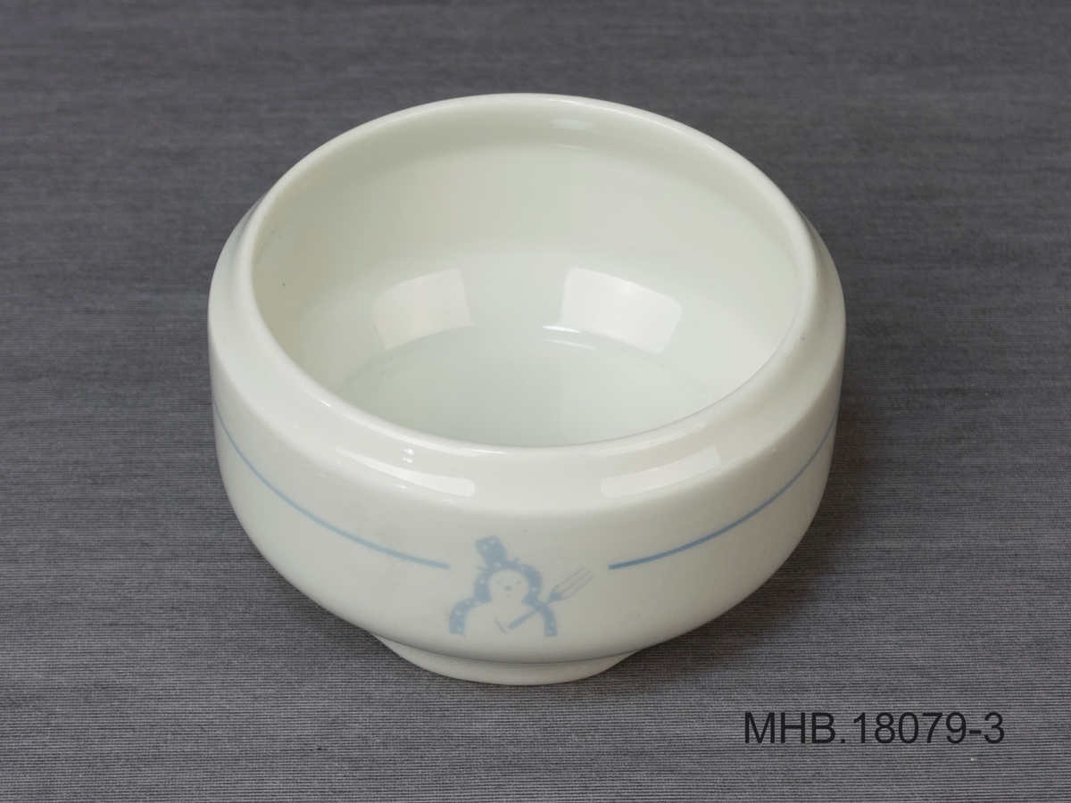 Sukkerskål i hvit porselen med dekorasjon av en linje og logo til selskapet Iglo, begge to i blått farge.