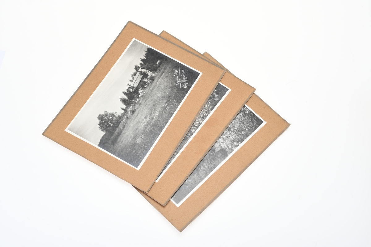 Tre fotografier montert/limt på brune papplater. Fotografiene er i svart-hvitt. Motivene er et hus med hage/landskap rundt. Fotografiene er tatt fra tre ulike vinkler. Fotografiene lå i en bok (FTT.59252).