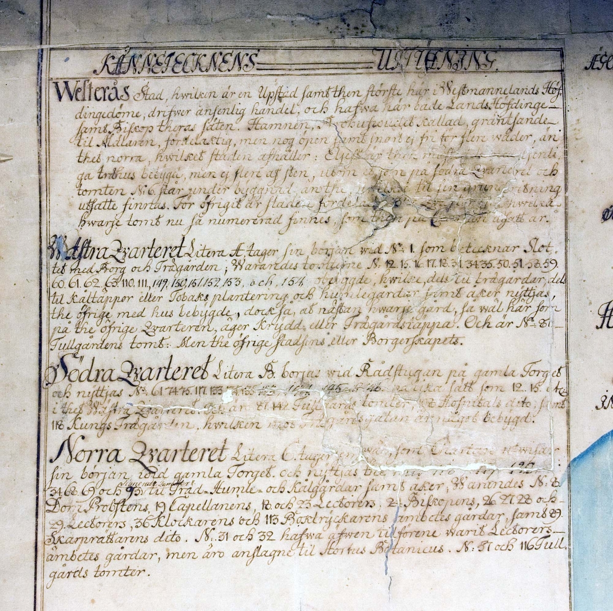 Charta öfver Westerås stad uti Westmanneland författad 1751 af G G Holsten. Bildfil KR00167a-b. Rullad.