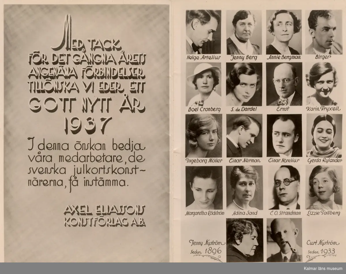 En önskan om gott nytt år 1937. Längst ner syns en bild av Jenny Nyström och en annan av Curt Nyström Stoopendaal.