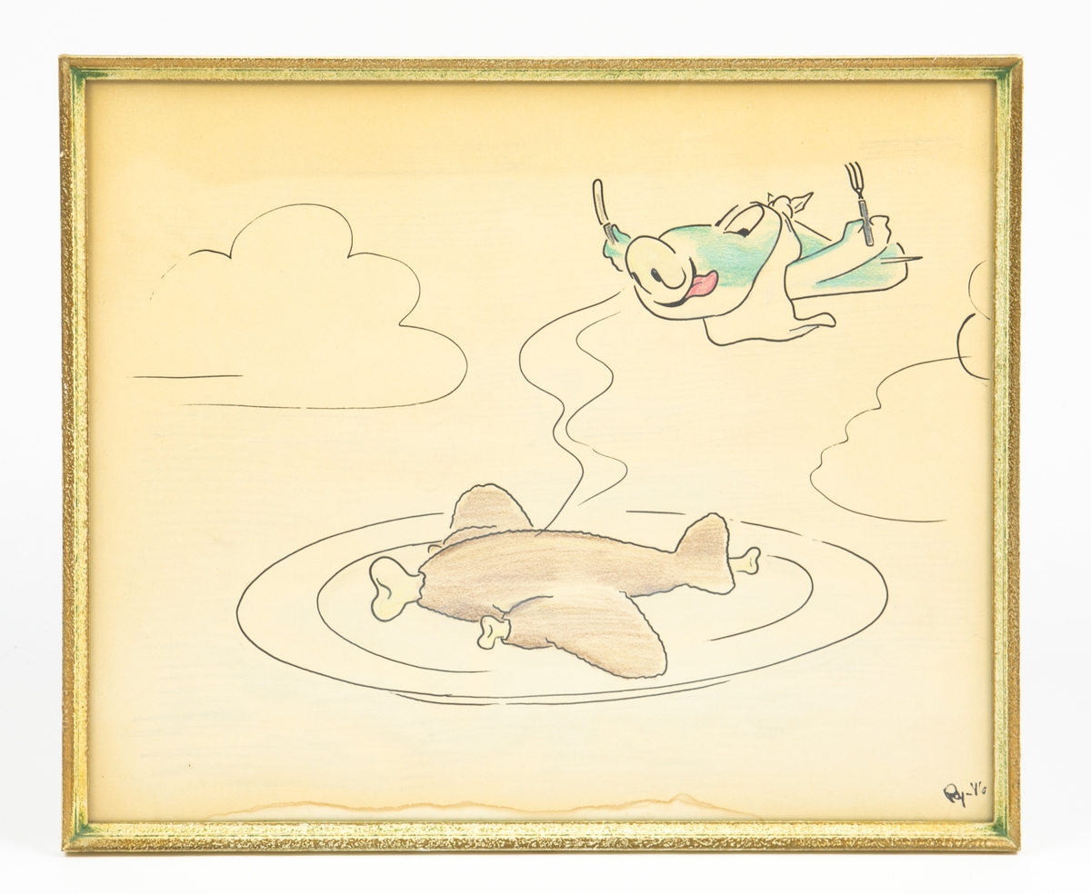 Inramad karikatyrteckning med motiv med ett flygplan (troligen J 22) som med kniv och gaffel jagar ett annat "flygplan" i form av en stek på en tallrik.