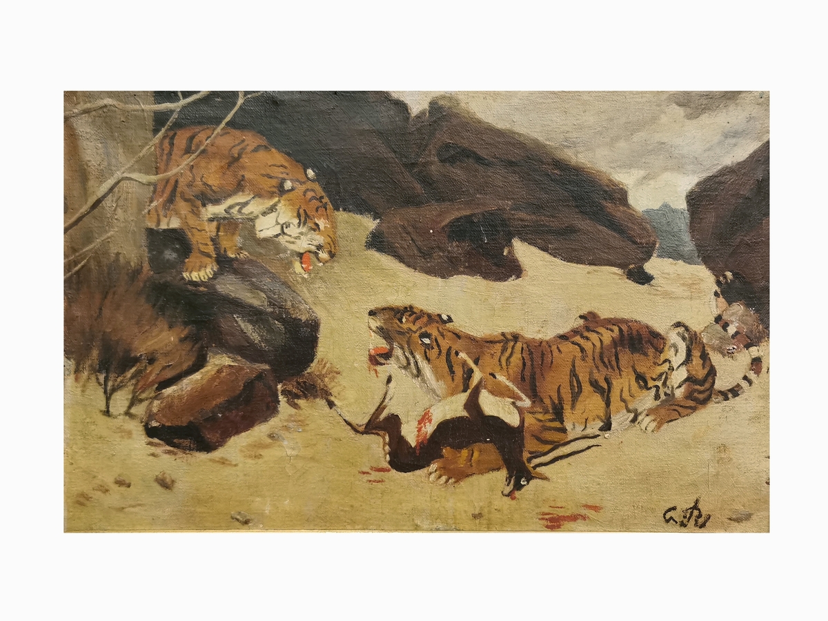 Motivet viser to tigre, den ene er i ferd med å spise et byttedyr (en antilope) mens den andre står ovenfor på en sten. Motivet er en kopi av den franske kunstneren Georges-Frédéric Rötig (1873–1961).