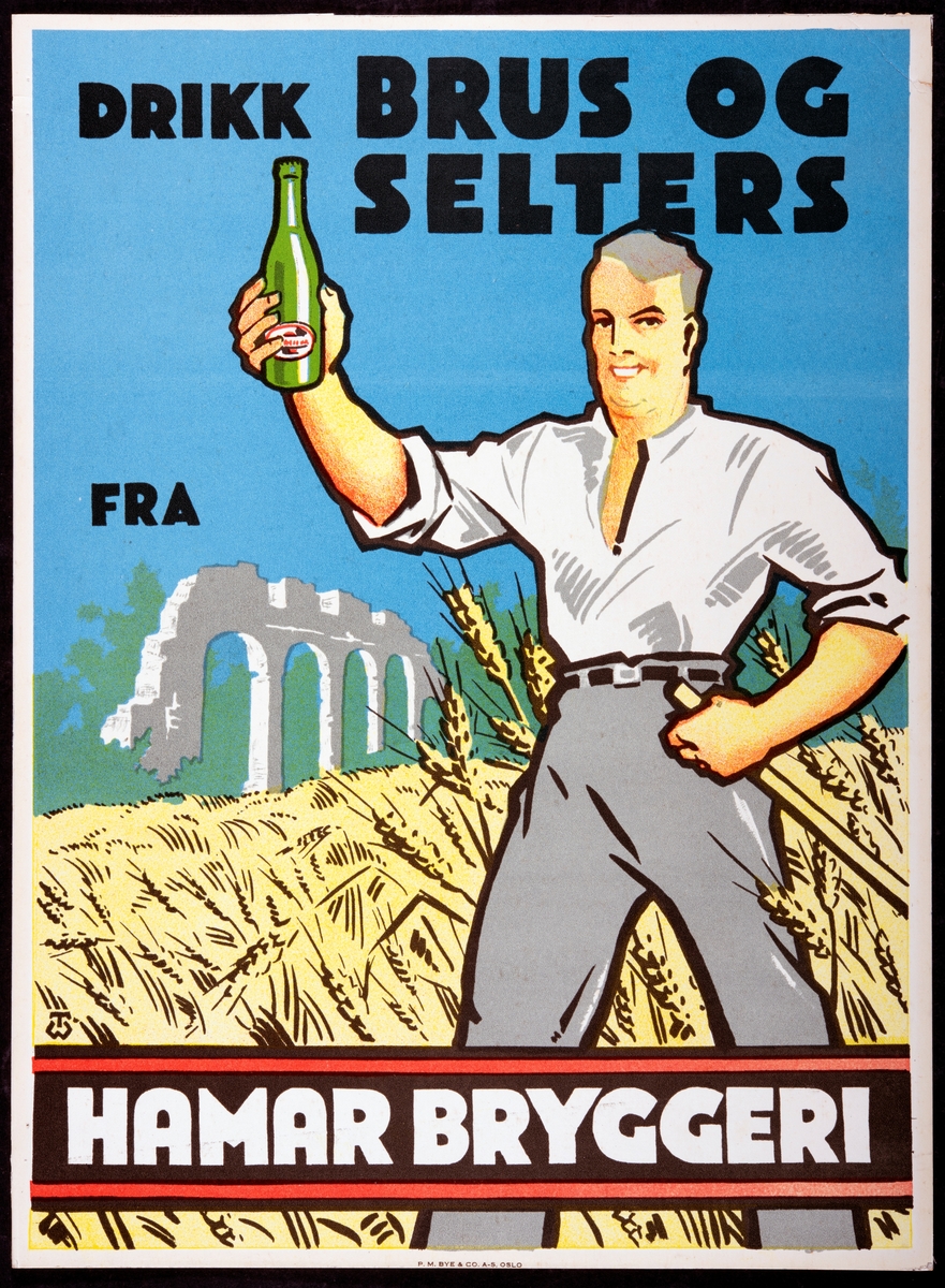 Reklameplakat for Hamar Bryggeri. Med teksten: "Drikk brus og selters fra Hamar Bryggeri"