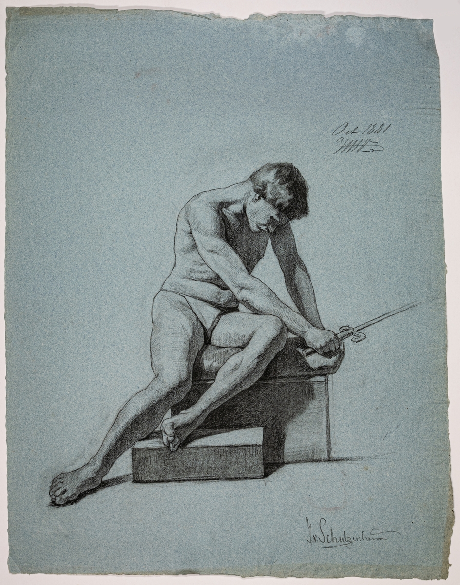 Modellstudie av naken man, sittande, hållande dolk. Signerad I. v. Schulzenheim. Övrig påskrift: Oct 1881, WW.

Baksidan påskriven av "E. Warling"=Elisabeth Warling.