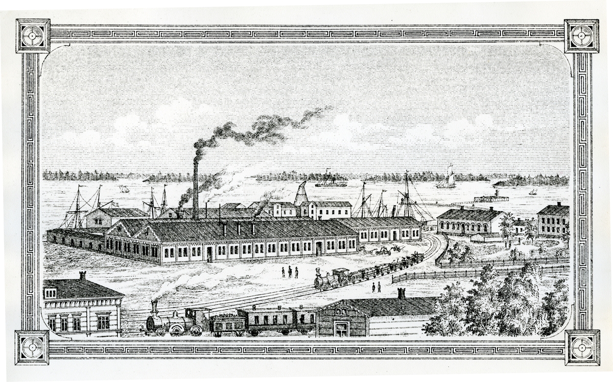 Västerås, Munkängen.
Gamla hamnen och Westerås Mekaniska Werkstad, c:a 1890.