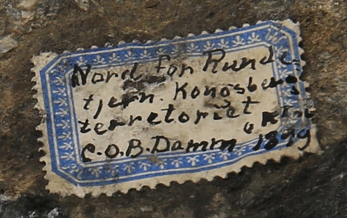 Tekst på etikett:
Nord for Runde-
tjern. Kongsberg-
terretoriet.
C.O.B.Damm ?? 1899