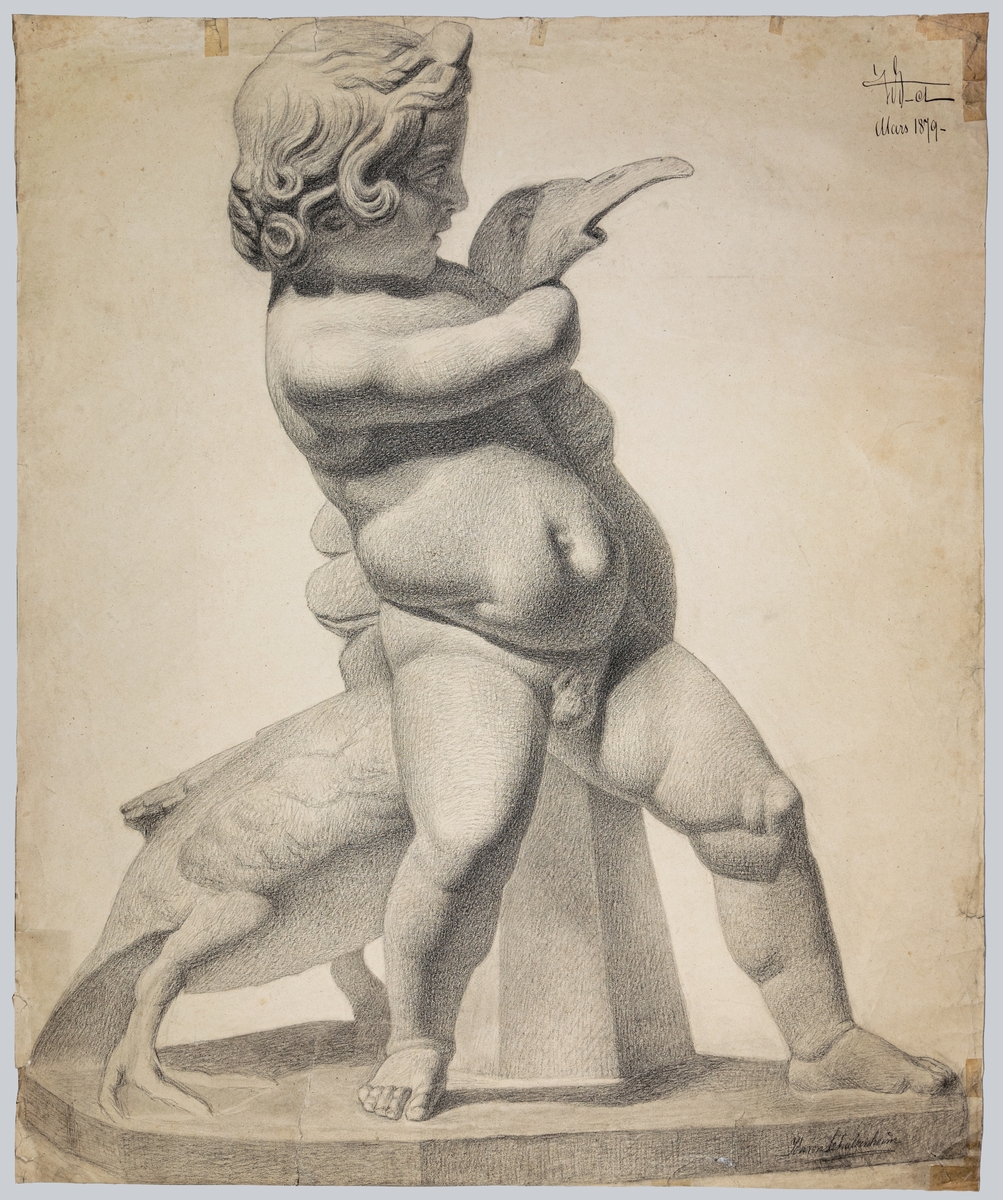Teckning avbildad skulptur föreställande pojke som håller en gås runt halsen.. Antikstudie. Kol på papper. Signerad I. v. Schulzenheim. 
Ytterligare påskrift: Wd, CL Mars 1879