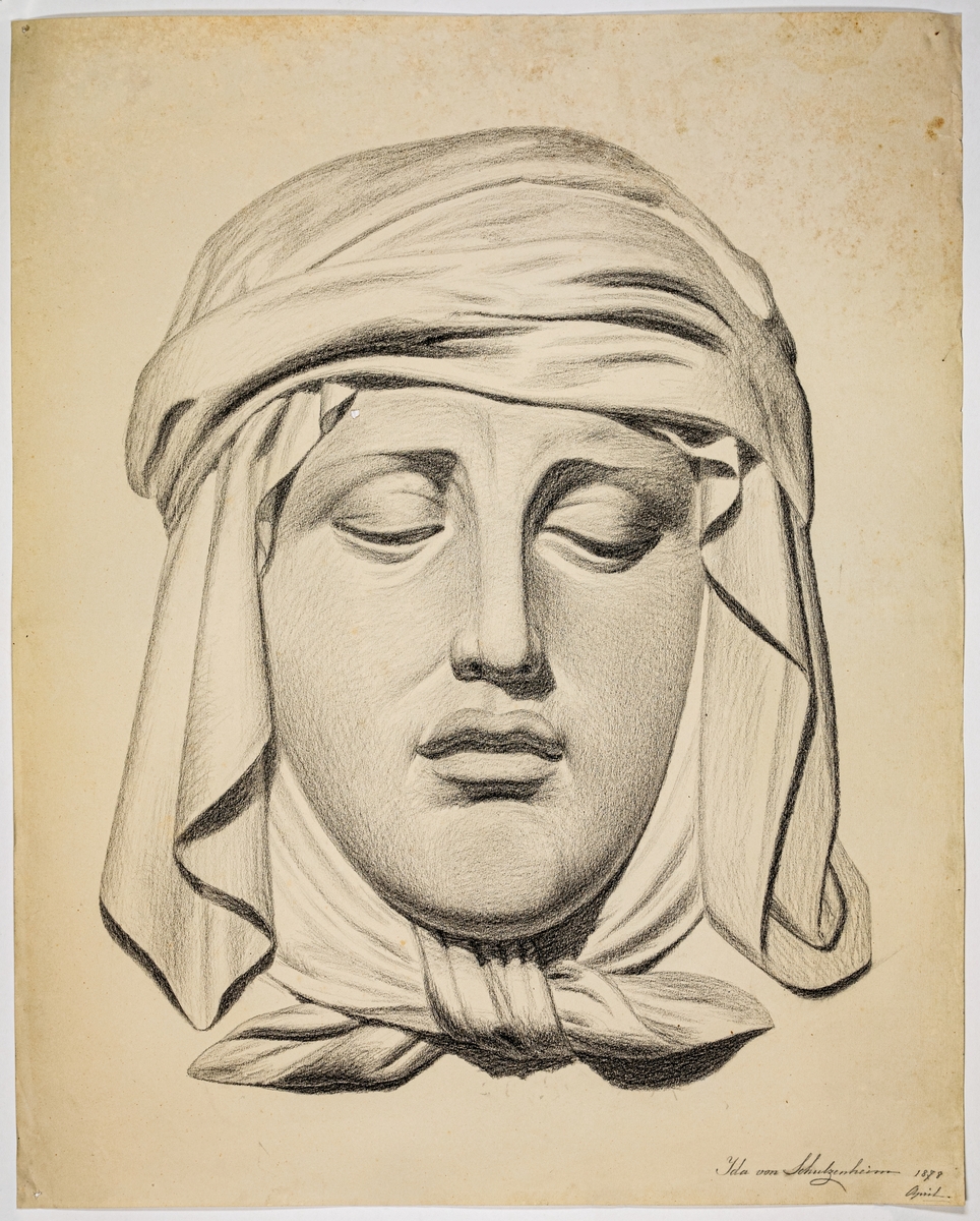 Teckning på papper, föreställande skulptur, ansikte med slutna ögon. Signerad Ida von Schulzenheim april 1878.