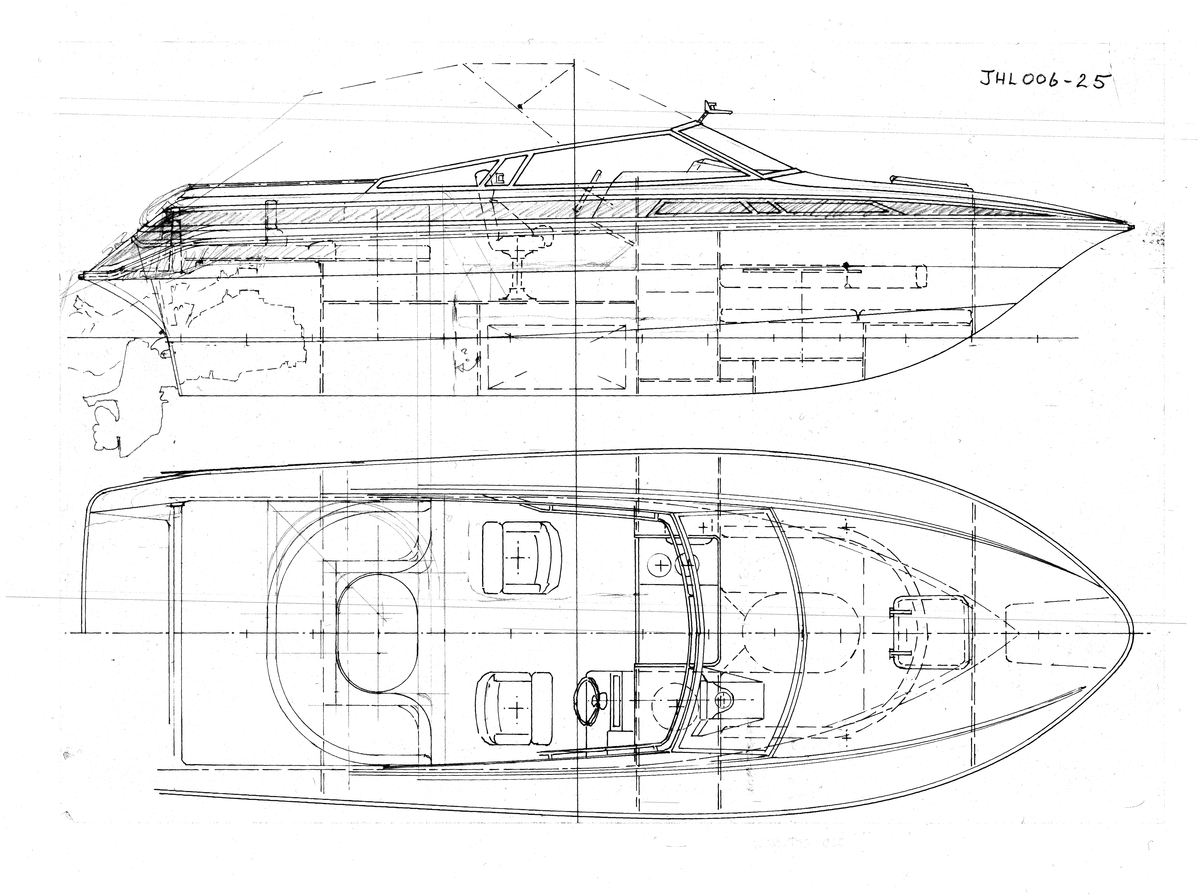 Windy 8000. Cabin cruiser. Profil og plan)Innredning). Outboard/inboard 330hk Merruiser V8 :: Volvo Aq 271 DP 279hk. 0,3 tonn. 1:20