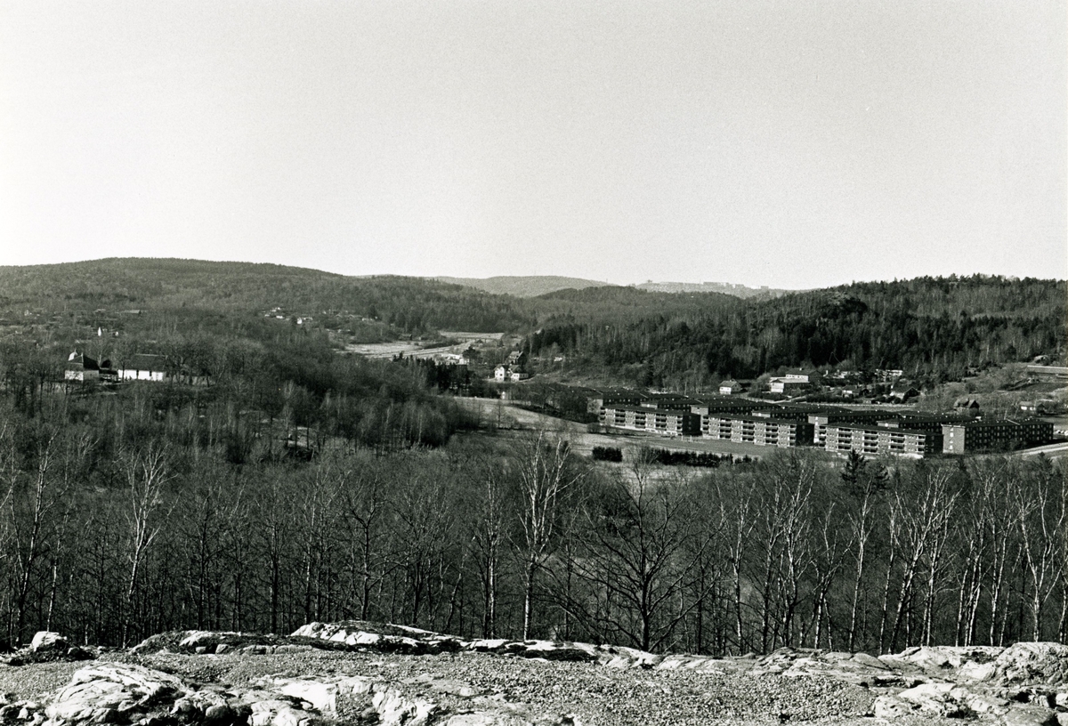 Vy från Sagåsen mot nybyggda hyreshusen på Vommedalsvägen cirka 1970. På åsen till vänster ses Kållereds kyrka.