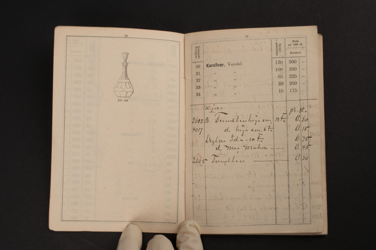 Tryckt priskurant för Reijmyre bruks tillverkning 1881.
Vissa sidor har avbildningar av de olika glasmodellerna.
Priskuranten har kompletterats med handskrivna uppgifter om priser.