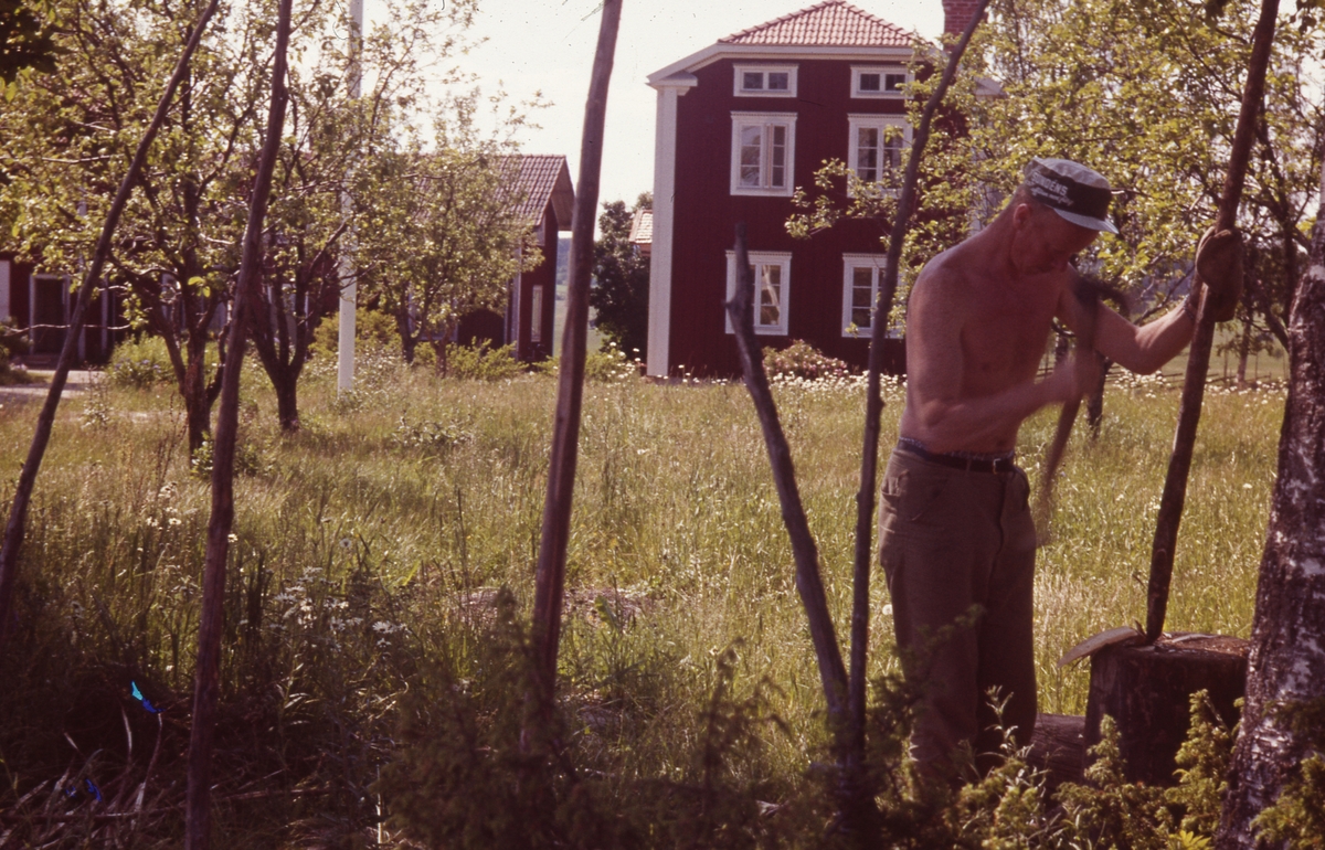Det är sommar och varmt. En man med bar överkropp tillverkar störar för att göra en fastbandhage vid gården Sunnanåker i Glösbo.