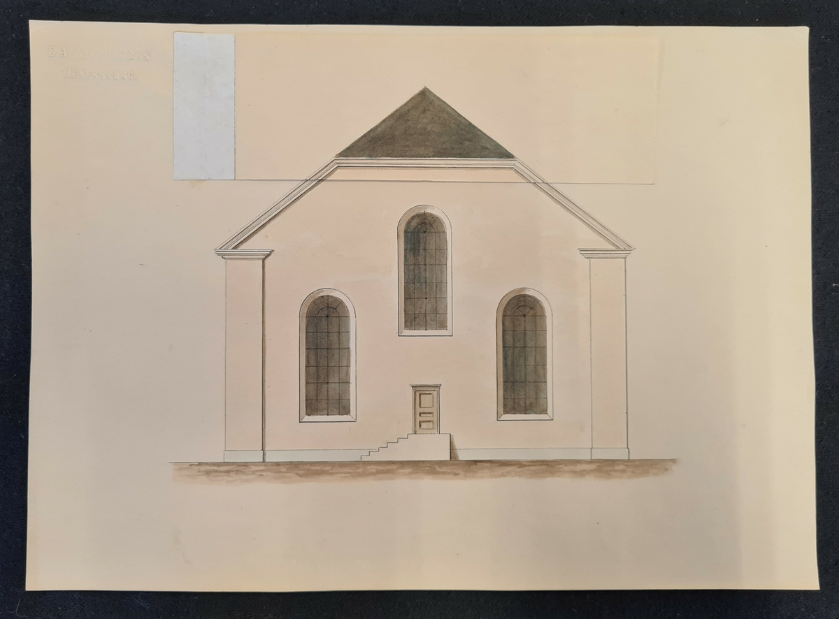 Teckning av en gavel, eventuellt till Vänersborgs kyrka. Det finns två alternativ till takkonstruktion.