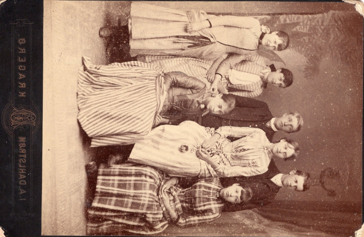 Claes Munch Naur, ?, Johann Dahll jr., Tulleba Larsen-Naur, og Kristine Broch (bak). Ka Larsen-Naur, og Natti Hartwig (foran). 1880 -1890 ca.
