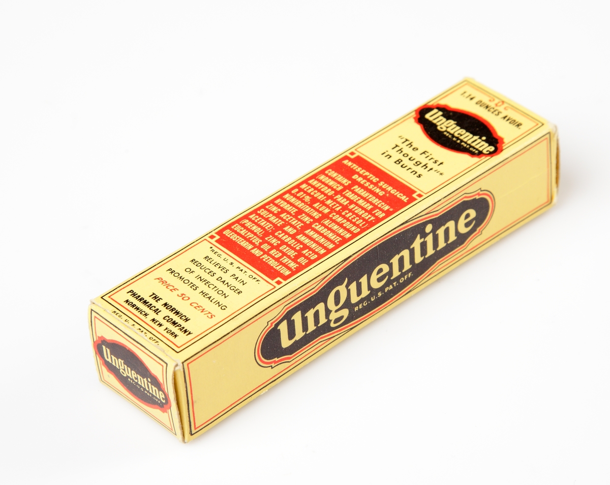 Desinfektionssalva i tub och i pappersförpackning med Unguetine "The First Thought in Burns".
