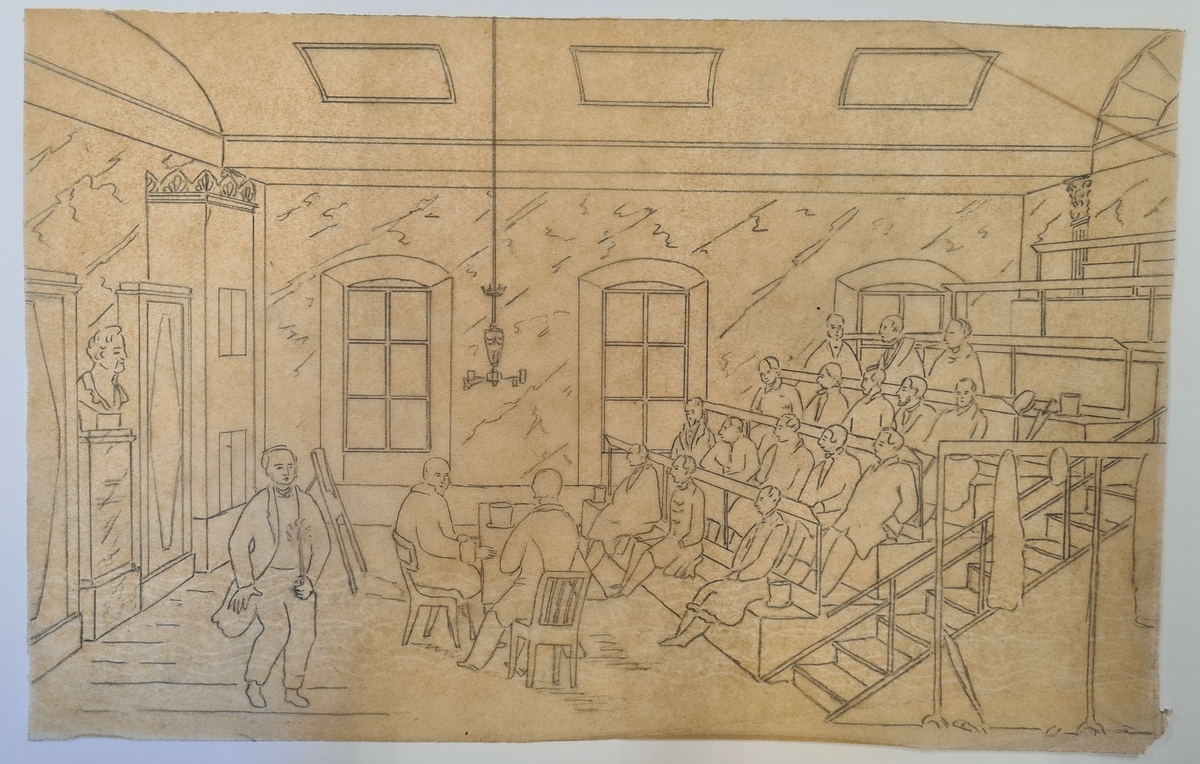 Teckning på smörpapper som visar enhörsal med 16 sittande män i "publiken" och två sittande män som sitter vid ett bord. En man står och håller ett ljus i handen.