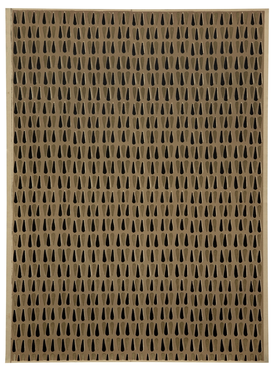 Rektangulært dekorativt papir med mønsteret "Arabisk". Forsiden er dekorert med et repeterende dråpeformet mønster - vekslende mellom sorte og mørkegrå former - på lysegrå bunn.