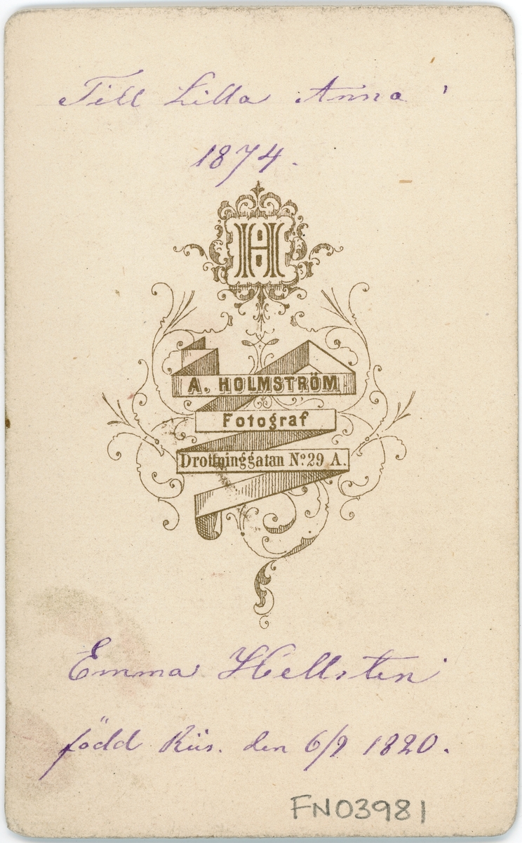 Kabinettsfotografi - Emma Hellsten, Stockholm 1874