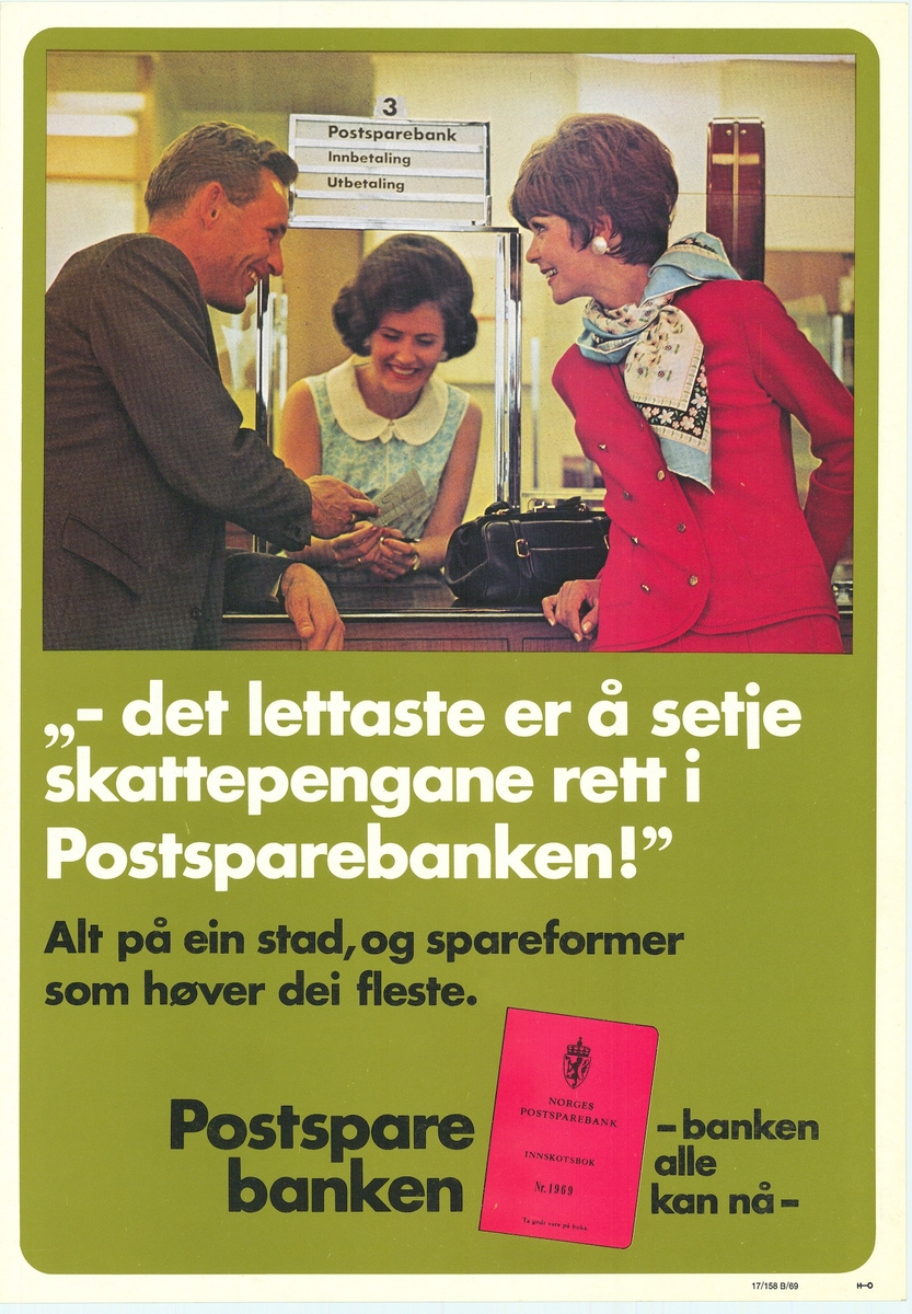 Tosidig reklameplakat for Postsparebanken med tekst, bilde en globus og rød postsparebankbok.