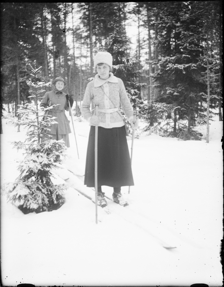 Två kvinnor åker skidor i skogen, Östhammar, Uppland