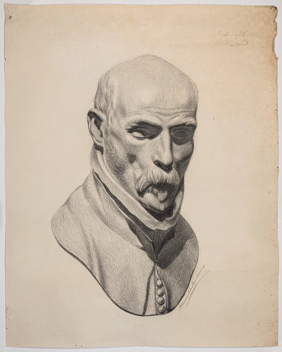 Avbildning av skulptur, byst av man med mustasch och hög krage. Signerad Ida von Schulzenheim. Påskrift Oct 1878 WW_d