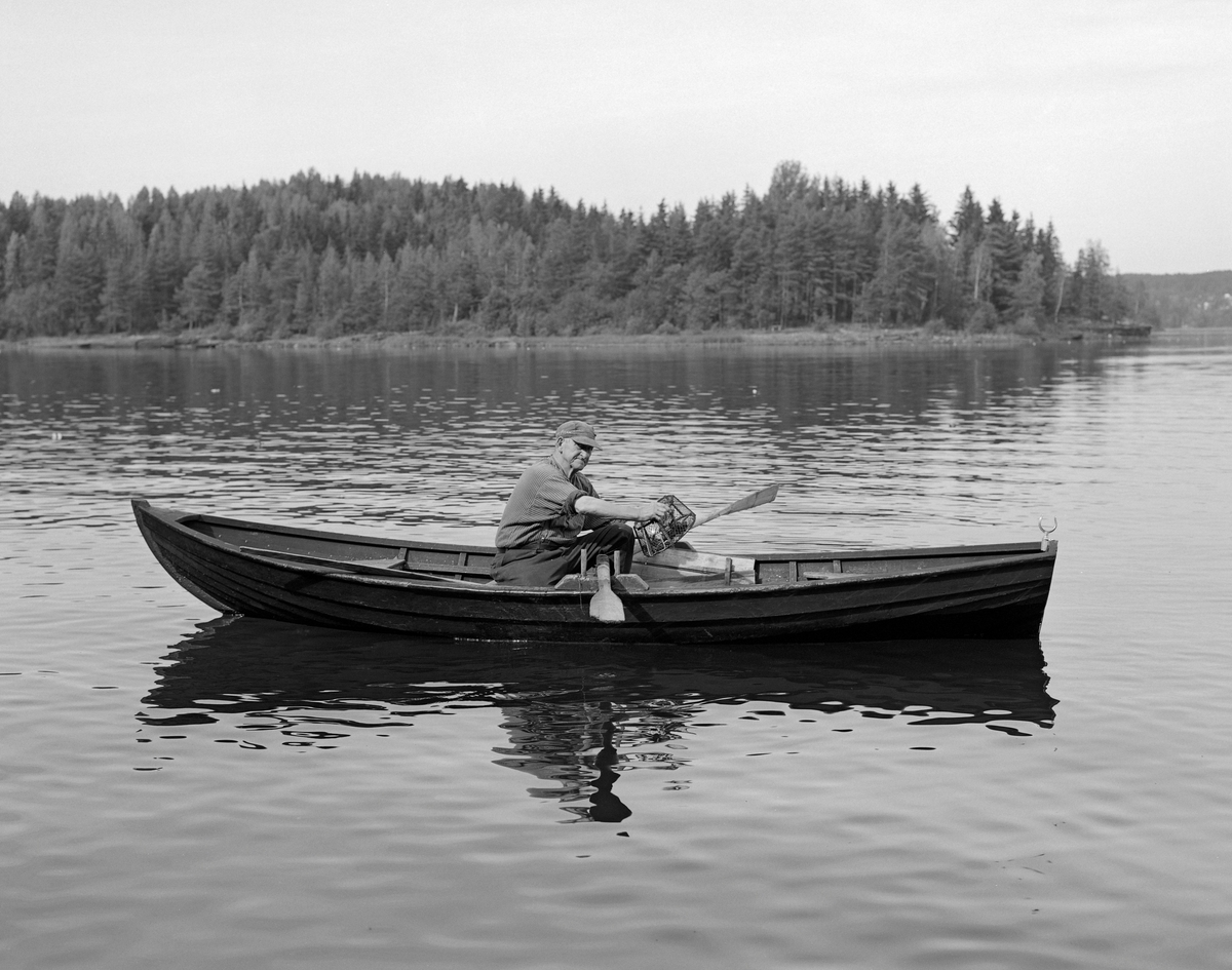 Yrkesfiskeren Paul Stensæter (1900-1982) fotografert i den klinkbygde robåten han brukte under krepsefisket i  Steinsfjorden, en sidearm til Tyrifjorden på Ringerike i Buskerud. Fiskeren satt med hendene over trekassa med kreps, som han hadde framfor beina der han satt på tofta midt i båten. Ved sida av Stensæter ser vi ei av krepseteinene, som var formet som ei avkuttet kjegle. Den hadde treskjellett, som var omgitt av en garnvev. På toppen av teina var det en rund åpning, omgitt av en sylindrisk blikkrage. Krepsefisket hadde Paul Stensæter antakelig lært av faren, Sigvart Stensæter (1878-1963). Han hadde vært blant pionerene i denne virksomheten i 1890-åra. I begynnelsen ble krepsen tatt i vanlige abborteiner, men etter hvert utviklet Karl Larsen, en sambygding av Stensæter-karene den teinemodellen vi ser på dette fotografiet. Tidligere ble krepsen fanget gjennom hele sommersesongen. Da dette fotografiet ble tatt, i 1976, var det forbudt å ta kreps før 7. august.