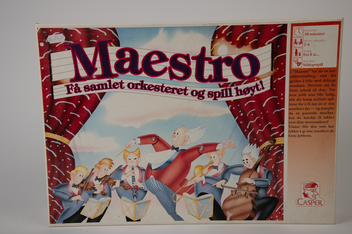 Illustrasjon av en mannlig dirigent som står (med ryggen til) fem musikere og dirigerer. Rødt sceneteppe på hver side av motivet.
