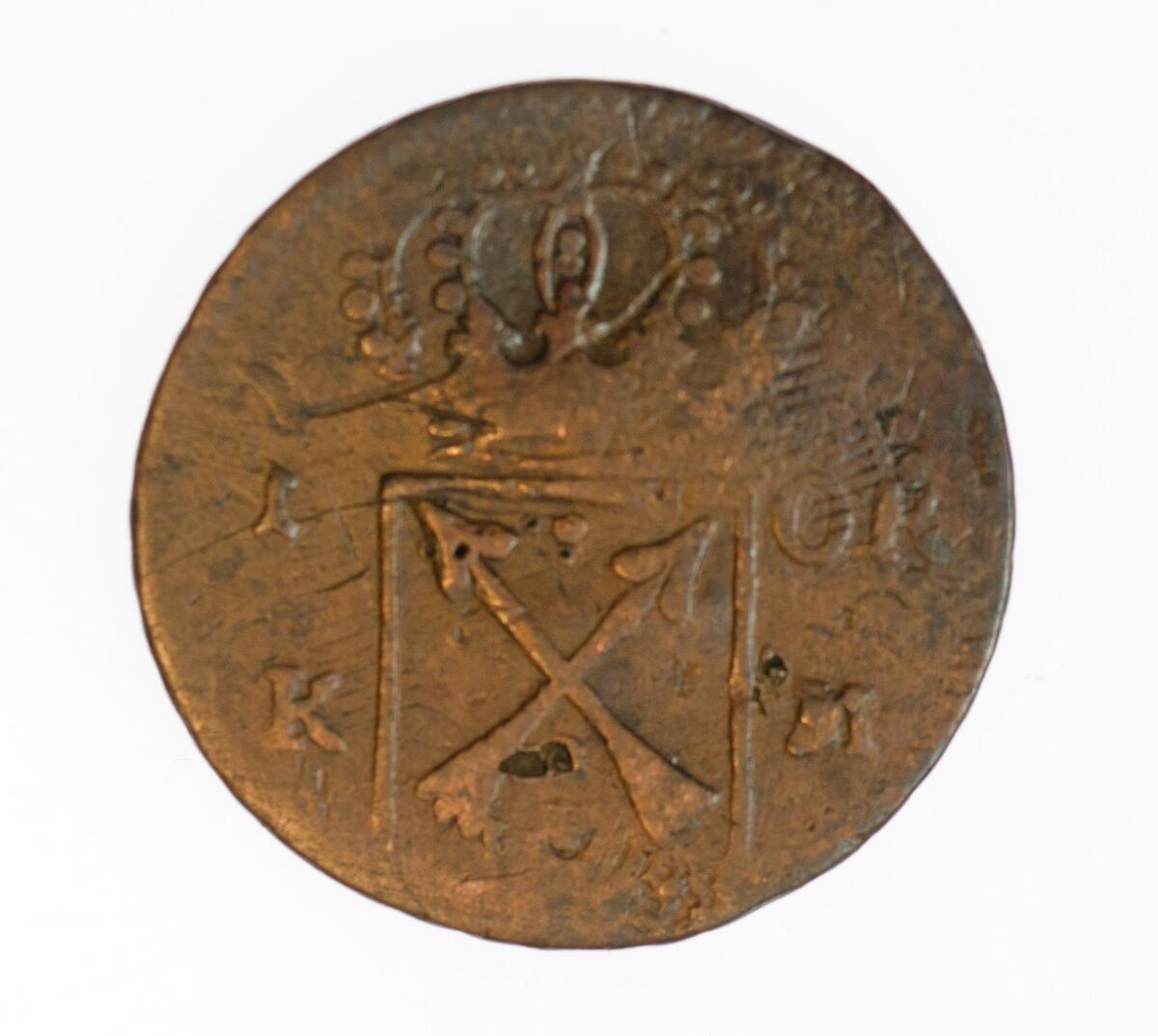 Mynt, 1 öre k.m. från Fredrik I tid, 1721.