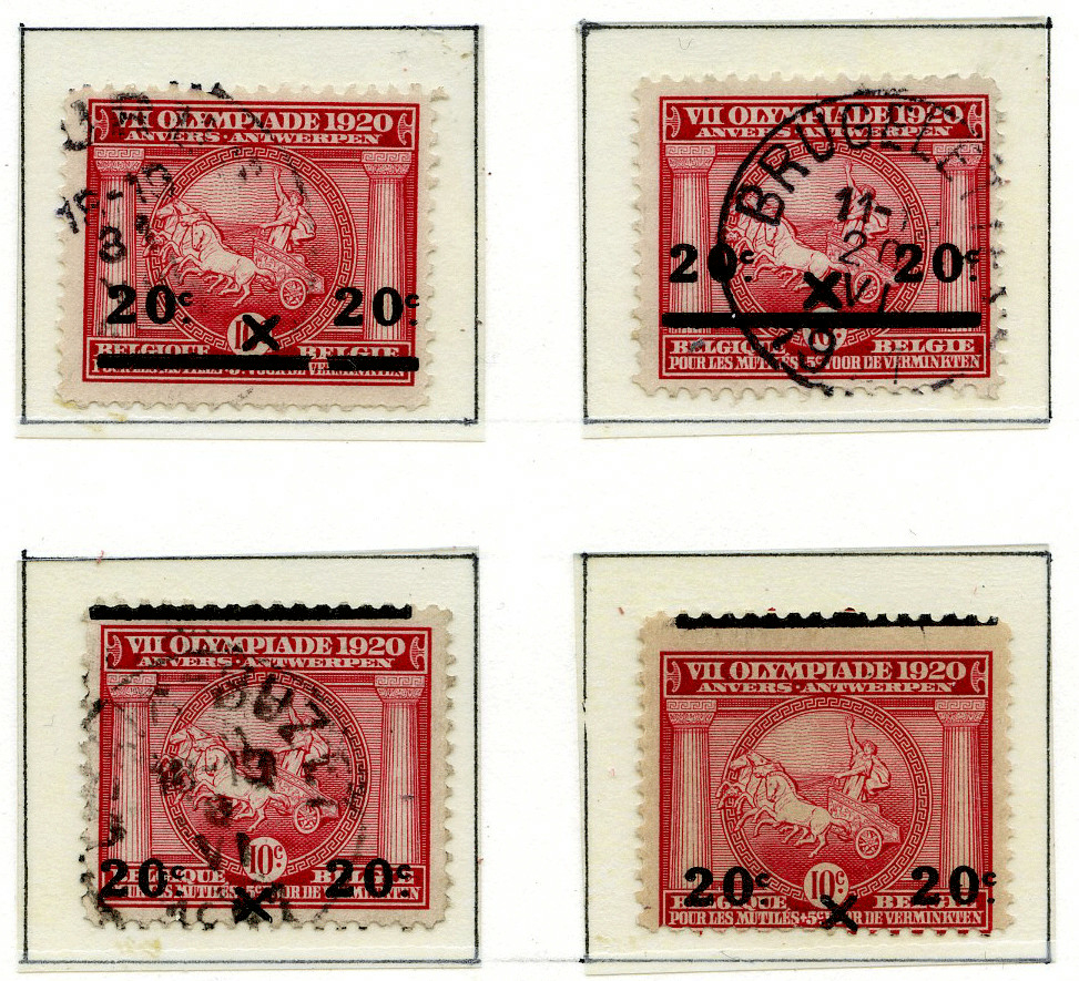 21 røde frimerker med bilde av en atlet i en vogn trukket av fire hester. Alle frimerkene er stemplet 20 X 20. I tillegg er flere av frimerkene stemplet. 