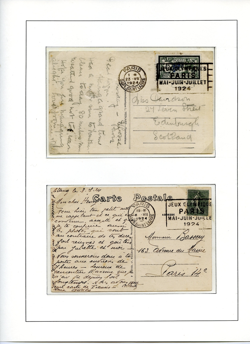 To frankerte postkort montert på albumside. Begge er stemplet i juli 1924