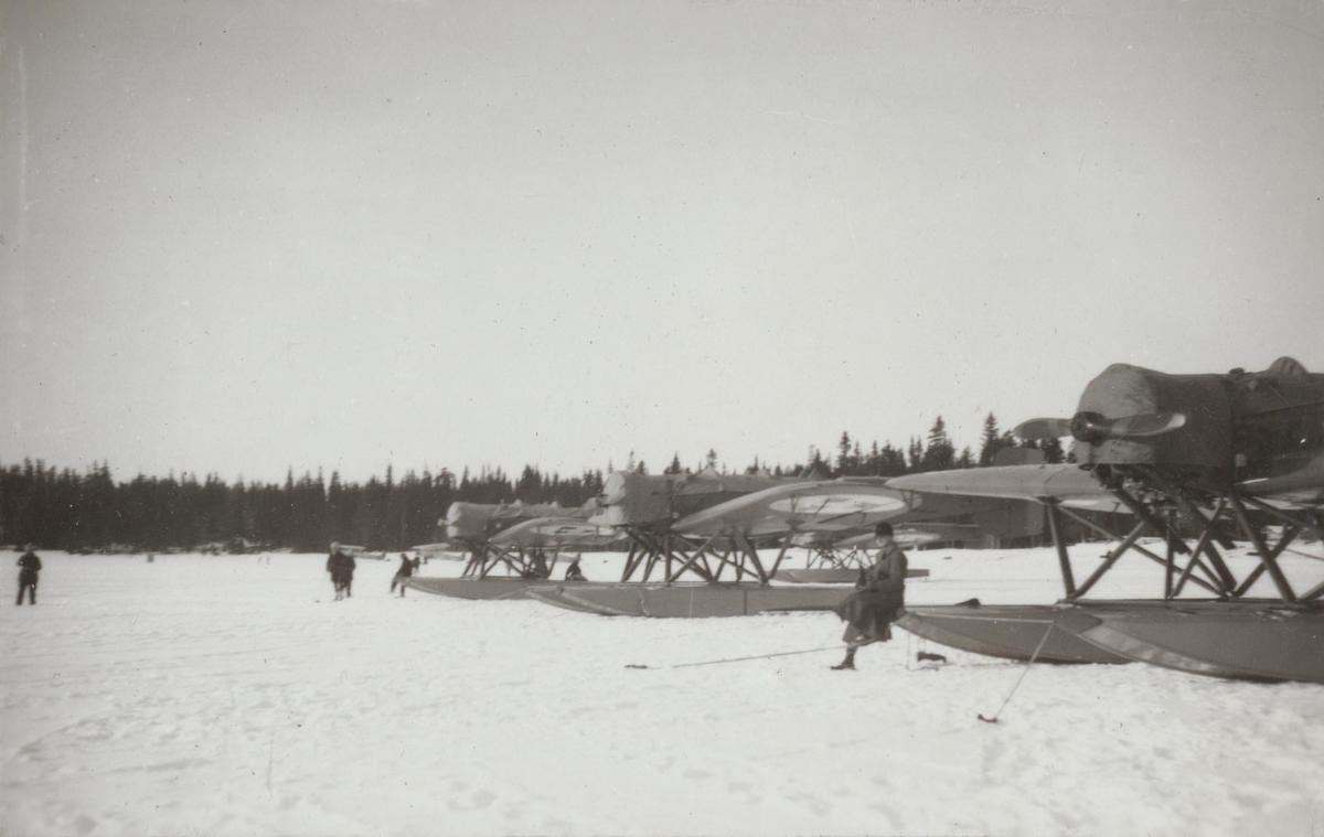 Tre flygplan S 5 uppställda på rad på isen, vintertid.


Text vid foto: "'Hansor från F 1"