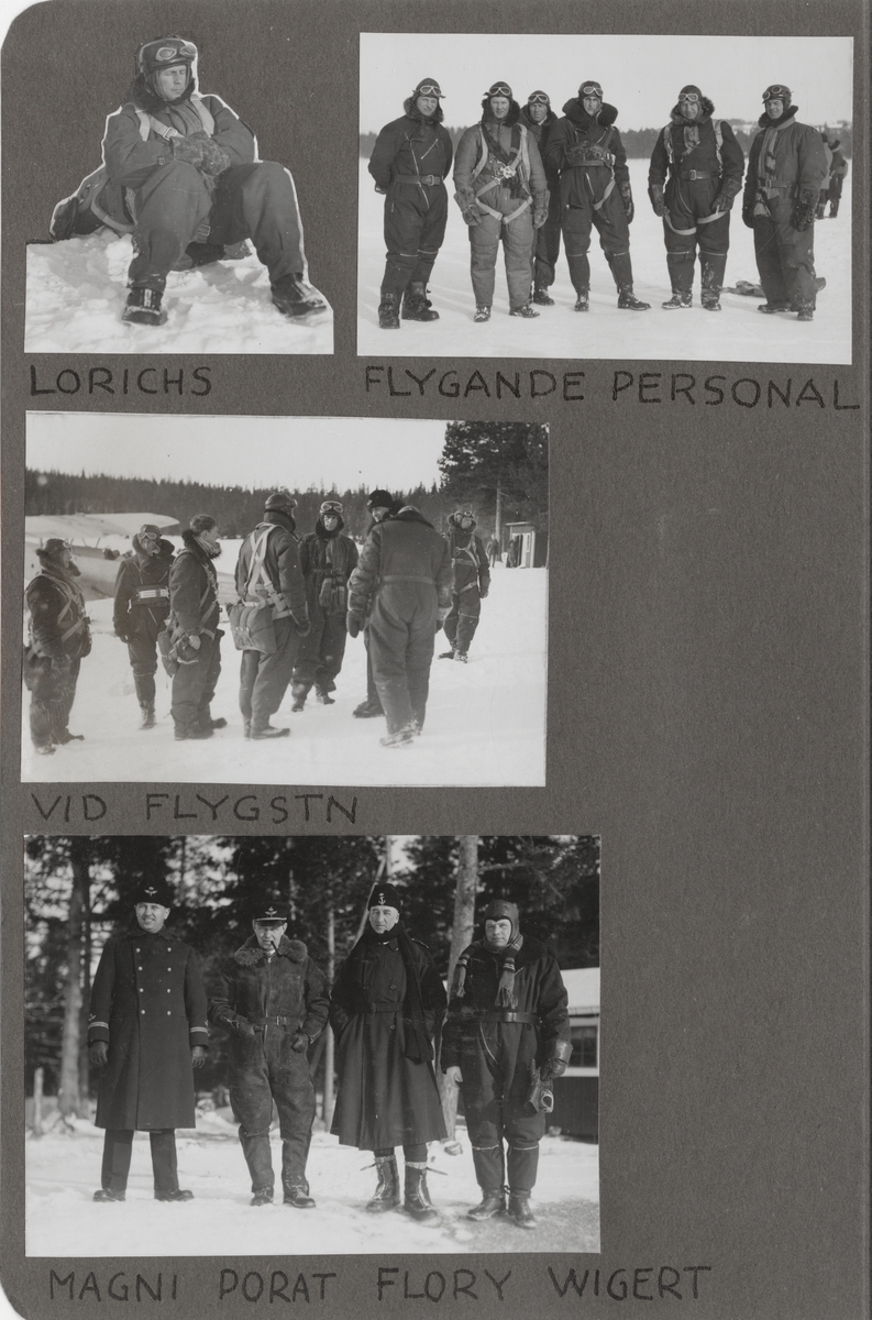 Åtta militära flygare samlade vid flygplan, vintertid, 1930-tal.

Text vid foto: "'Vid flygstn"