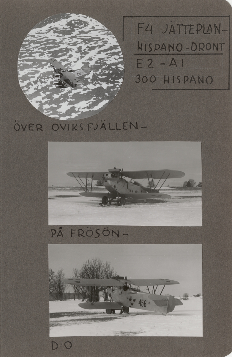 Flygplan A 1 Phönix E.2 Dront märkt nr 456 står på flygfältet på F 4 Frösön. 1928-1929. Vy snett framifrån.

Text vid foto: "'F 4 Jätteplan-Hispano-Dront E 2 - A 1 300 Hispano. På Frösön-"