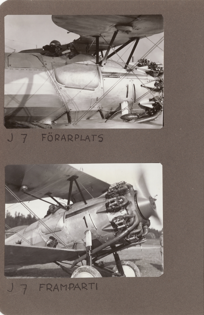 Närbild av förarplatsen på flygplan J 7 Bristol Bulldog. En flygförare sitter i flygplanet.

Text vid foto: "J 7 förarplats."