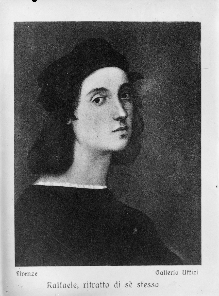 Avfotografering av kunst, selvportrett av Rafael, som opprinnelig henger i Uffizi galleriet i Firenze. Publisert i Bonytt, trolig 1949-55.