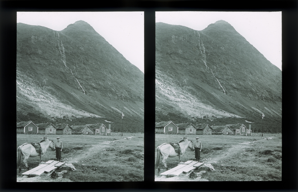 Seter, gutt og fjording. Bødal, dalføre i Nordfjord, Stryn, Tilhører Arkitekt Hans Grendahls samling av stereobilder.