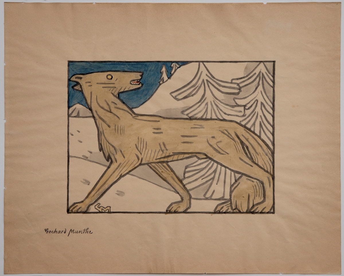 Fremstilling av en enslig ulv i et vinterlandskap med grantrær. En lignende ulv, men med en annen bakgrunn er gjengitt i Snorre Sturlassons Kongesagaer 1899, s. 62 (Harald Haarfagres saga).