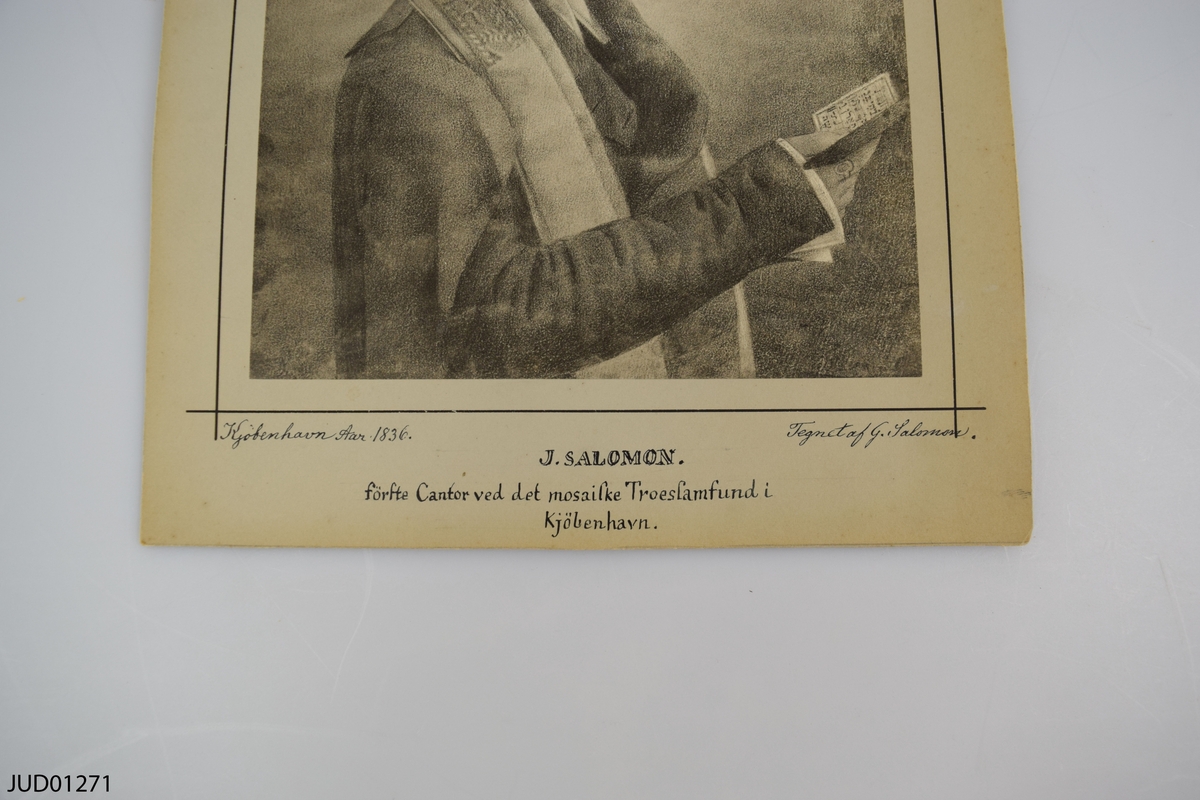 Porträtt av Isak Salomon. Förste Cantor ved det mosaiske Troesamfund i Kjöbenhavn. Tegnet af G. Salomon, Kjöbenhavn Aar 1836. Monterad på papper.