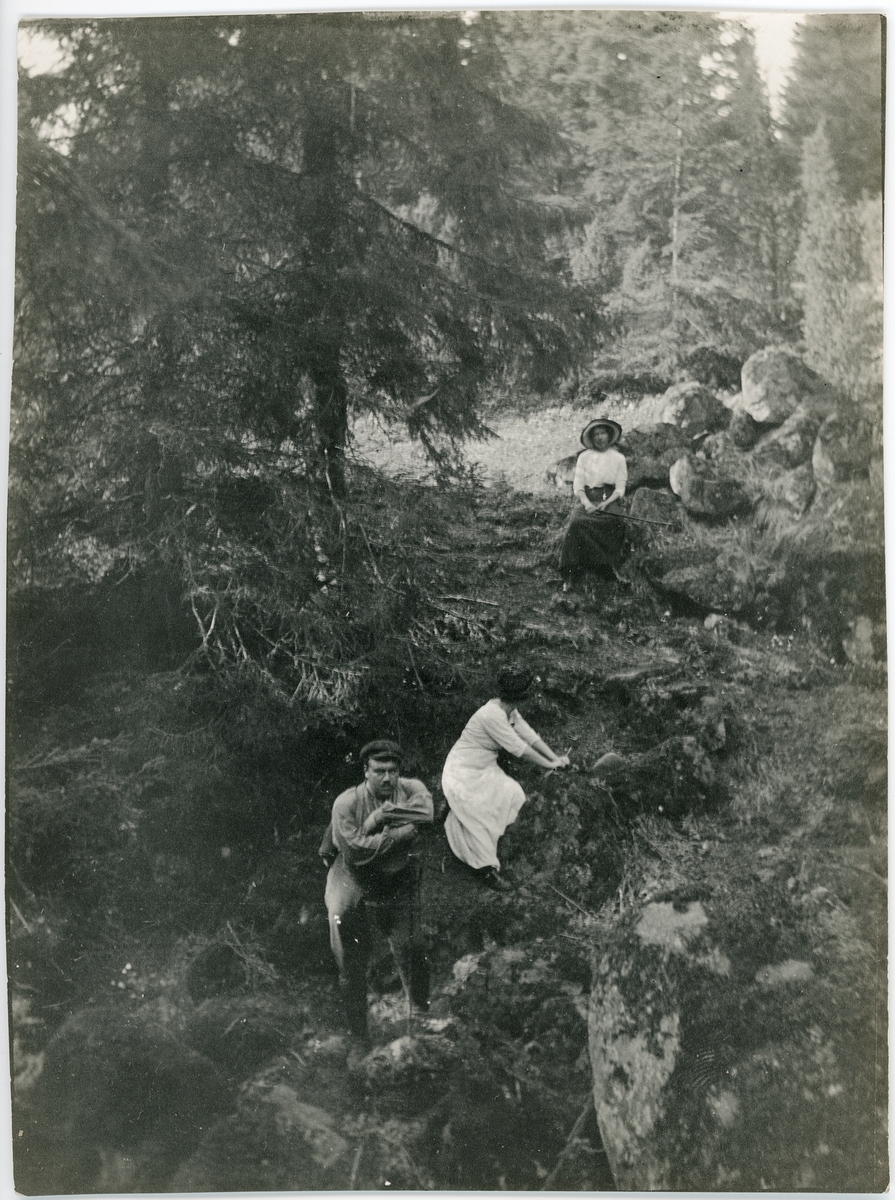 Olof Thunman på vandring med två kvinnor, Billinge, Uppland 1913