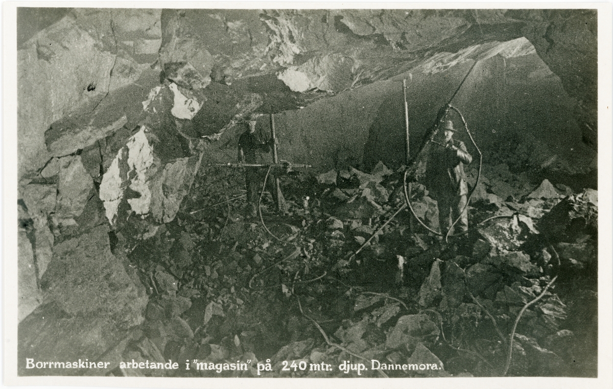 Vykort - borrmaskiner arbetande i magasin på 240 meters djup, Dannemora, Uppland