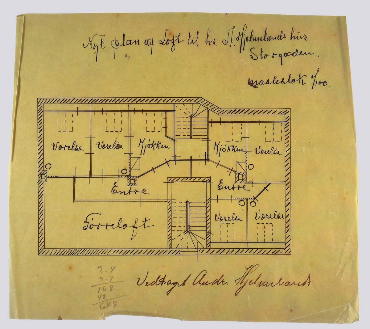 Nyt plan af loft for hr.Andr. Hjelmelands hus [Plantegning]