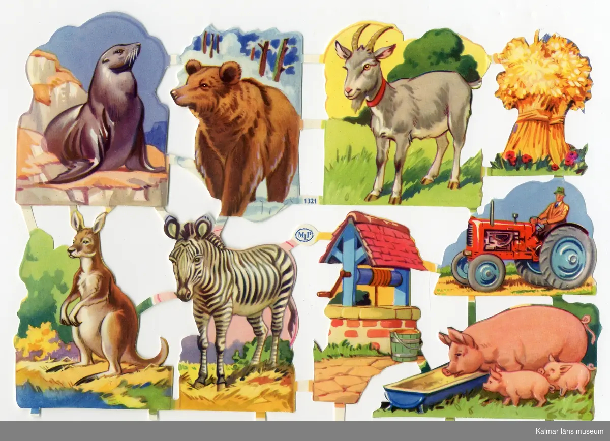 Sjölejon, björn, get, kärve, känguru, zebra, brunn, man på traktor samt en grissugga med kultingar.