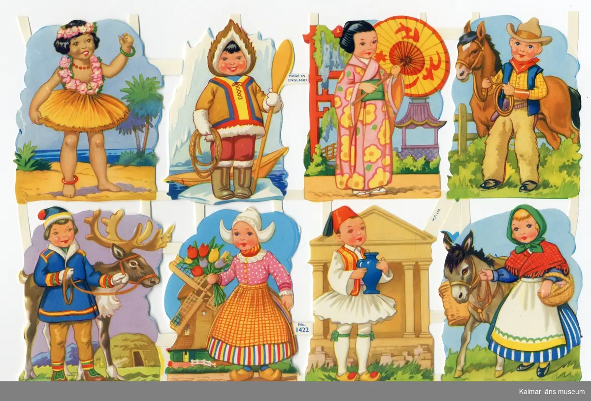 Barn från olika länder. Flicka i hula hula-kjol (Hawaii), barn som eskimå, flicka i kimono och med parasoll (Japan), pojke som cowboy med häst (Nordamerika?), pojke som same med ren, flicka med tulpaner (Holland), pojke med fez (Turkiet) och flicka med packåsna.